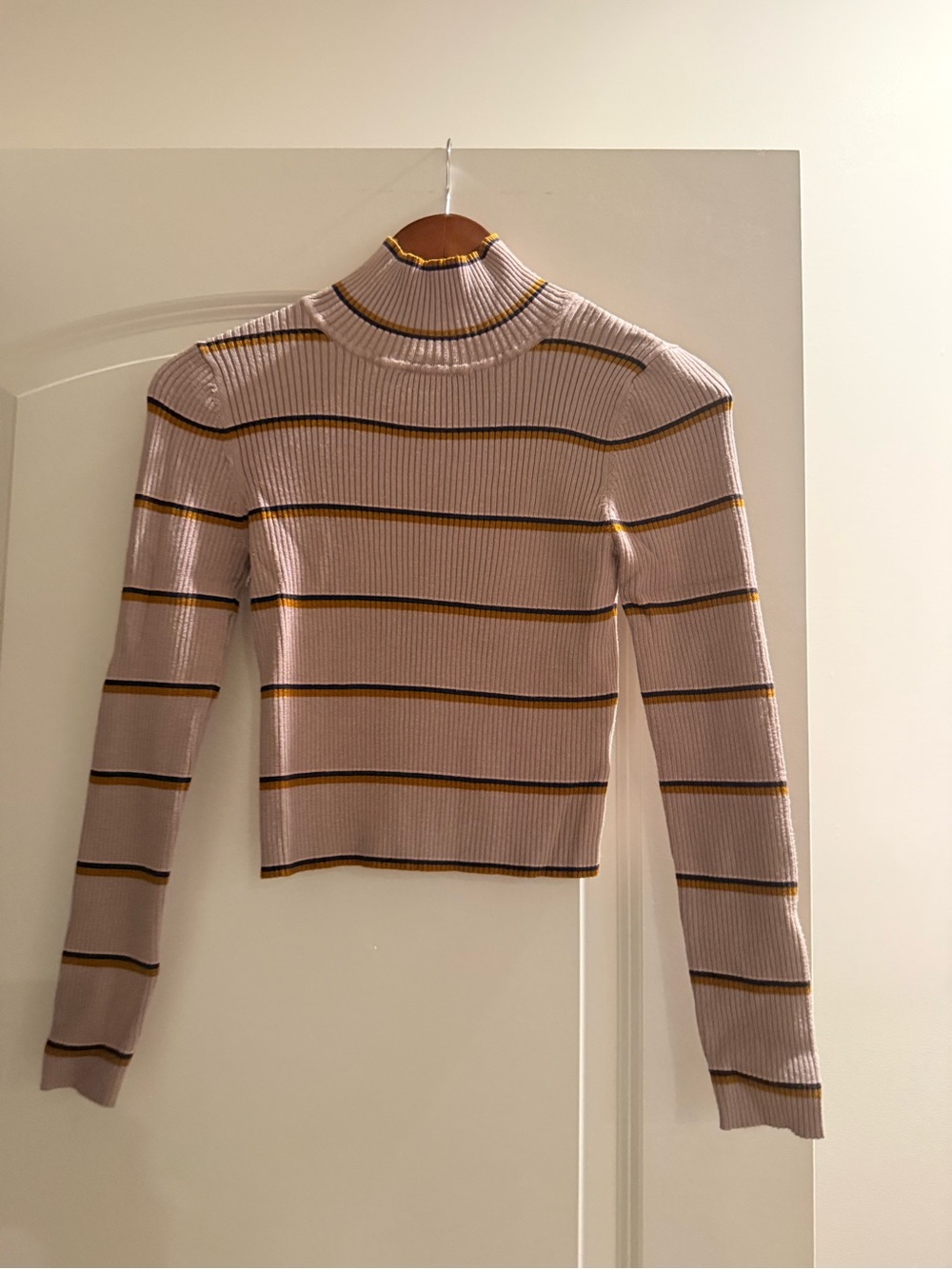 Pink Republic Ribbed Turtleneck Sweater in Light Pink with Brown & Gold Stripes